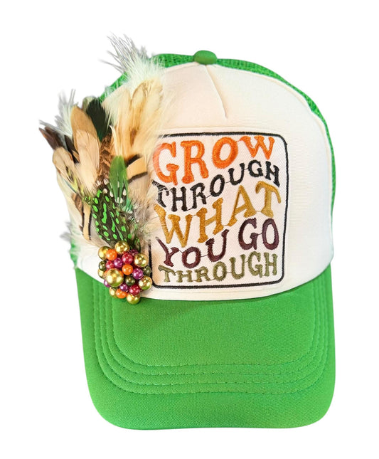 Inspirational Statement Message in Patchwork Embellished with Feathers & Jewels - Avant-Garde Fashionable Trucker Hat