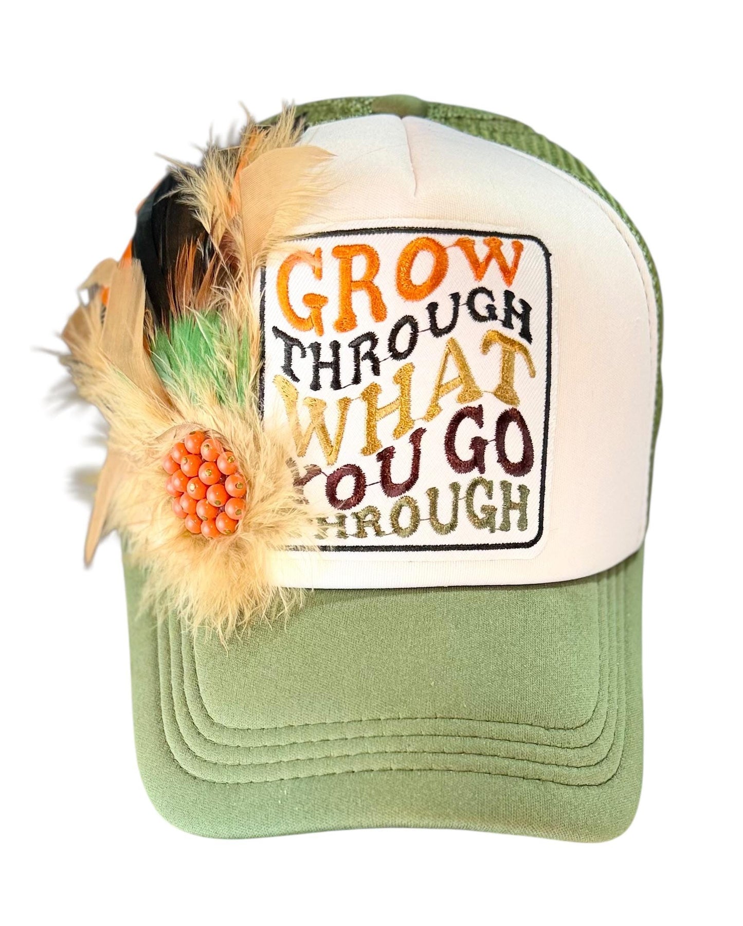 Inspirational Statement Message in Patchwork Embellished with Feathers & Jewels - Avant-Garde Fashionable Trucker Hat