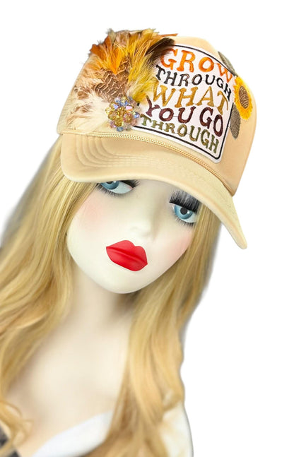 Inspirational Statement Message in Patchwork Embellished with Feathers & Jewels - Avant-Garde Fashionable Trucker Hat