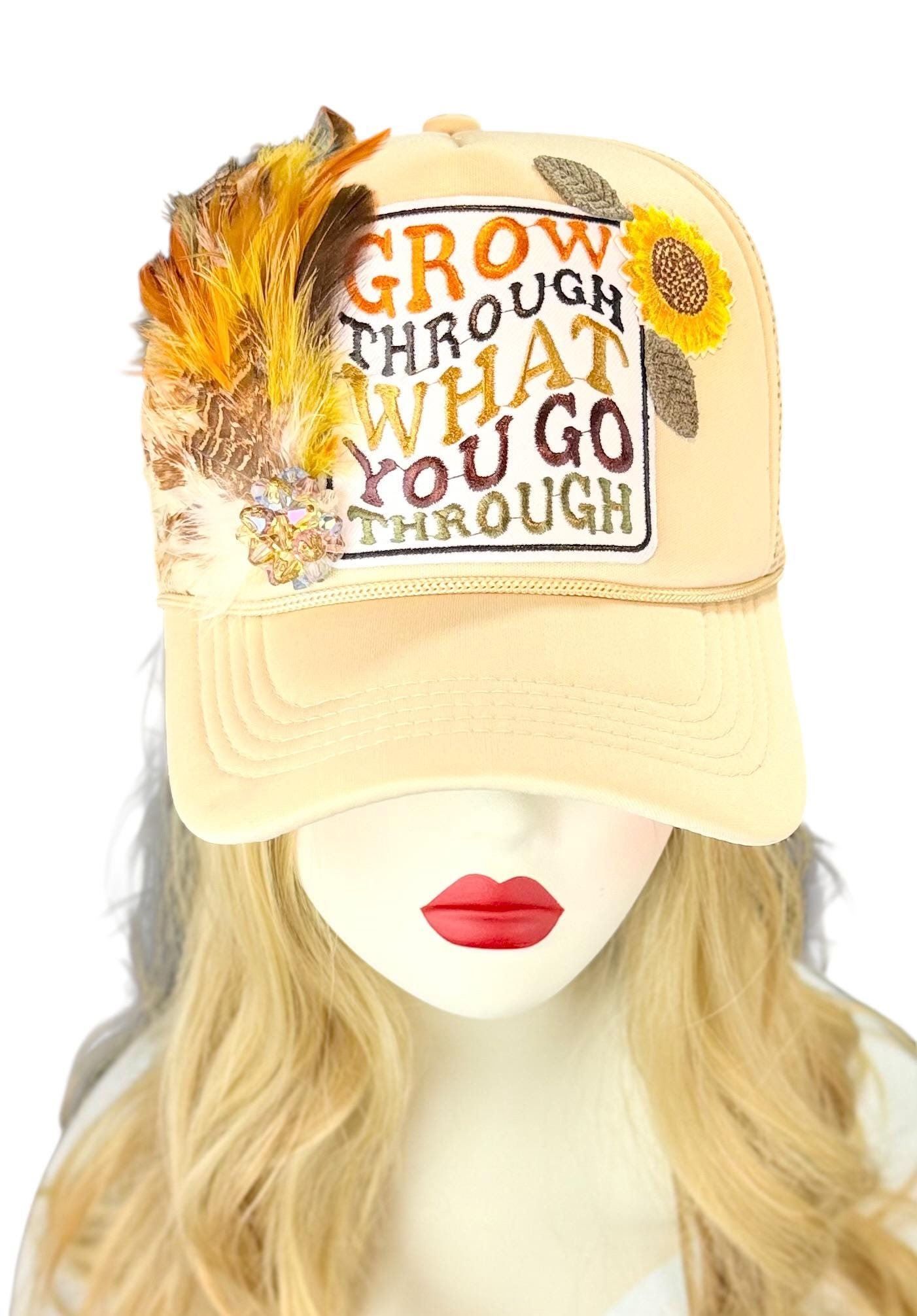 Inspirational Statement Message in Patchwork Embellished with Feathers & Jewels - Avant-Garde Fashionable Trucker Hat