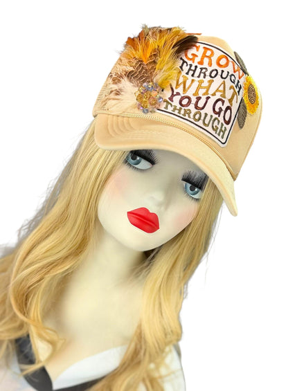 Inspirational Statement Message in Patchwork Embellished with Feathers & Jewels - Avant-Garde Fashionable Trucker Hat