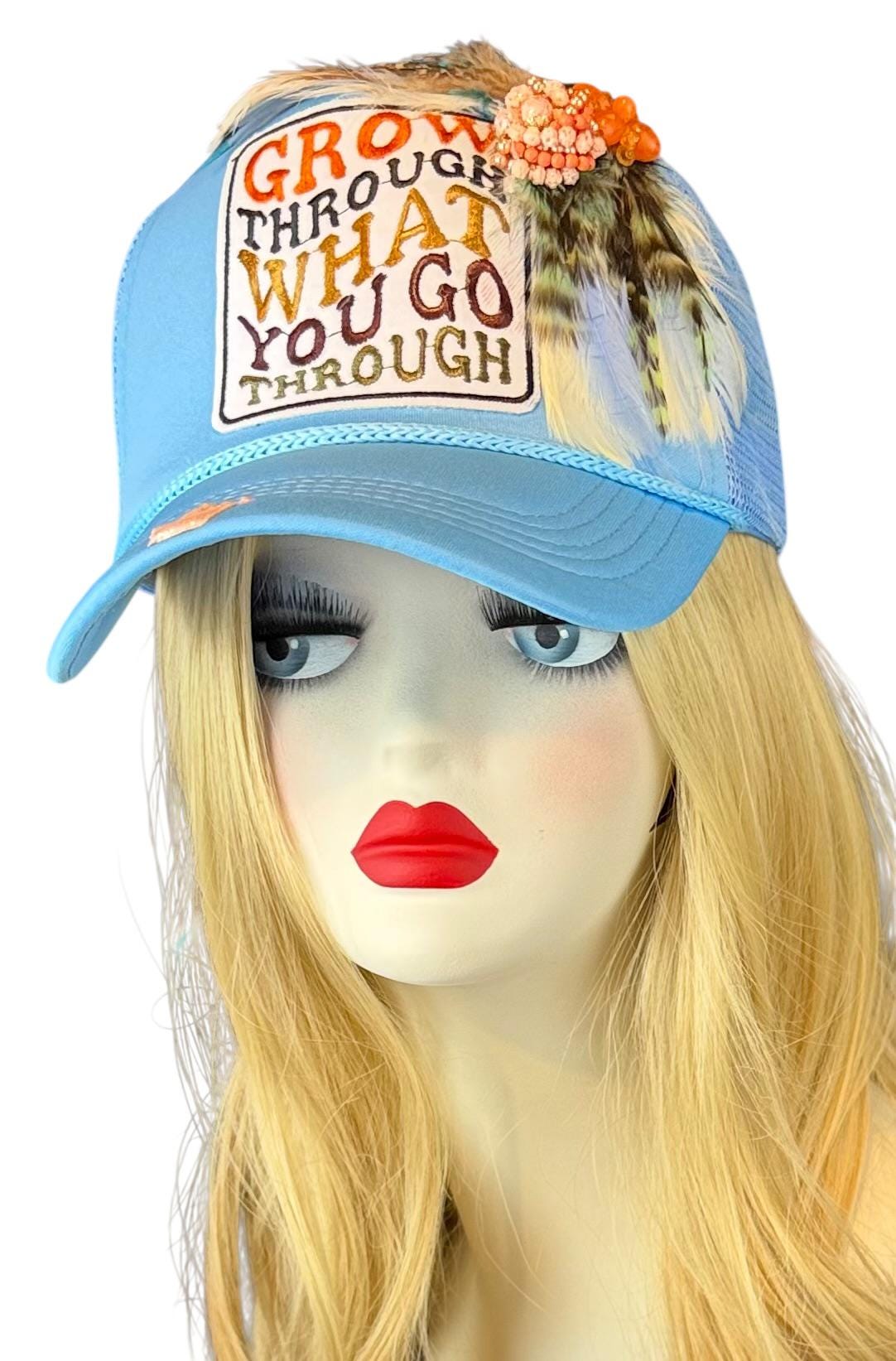 Inspirational Statement Message in Patchwork Embellished with Feathers & Jewels - Avant-Garde Fashionable Trucker Hat