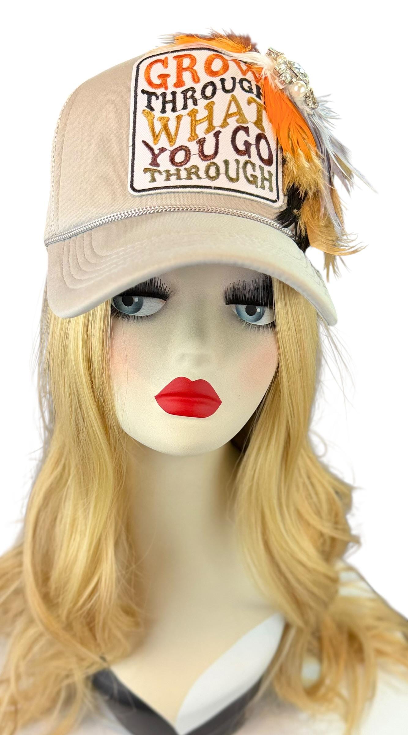Inspirational Statement Message in Patchwork Embellished with Feathers & Jewels - Avant-Garde Fashionable Trucker Hat
