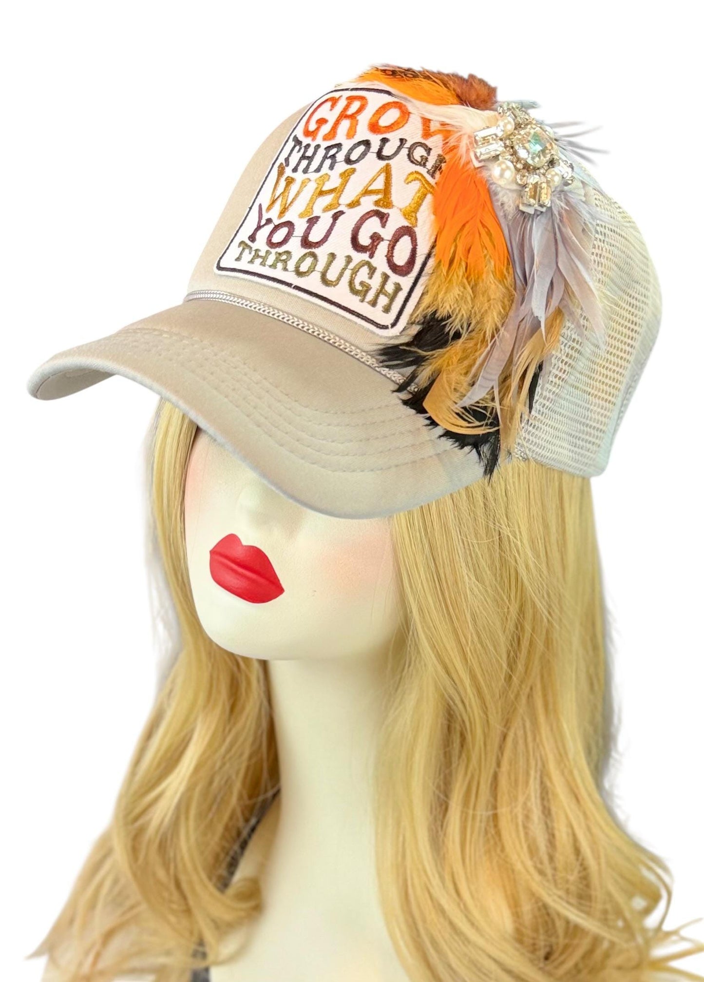Inspirational Statement Message in Patchwork Embellished with Feathers & Jewels - Avant-Garde Fashionable Trucker Hat