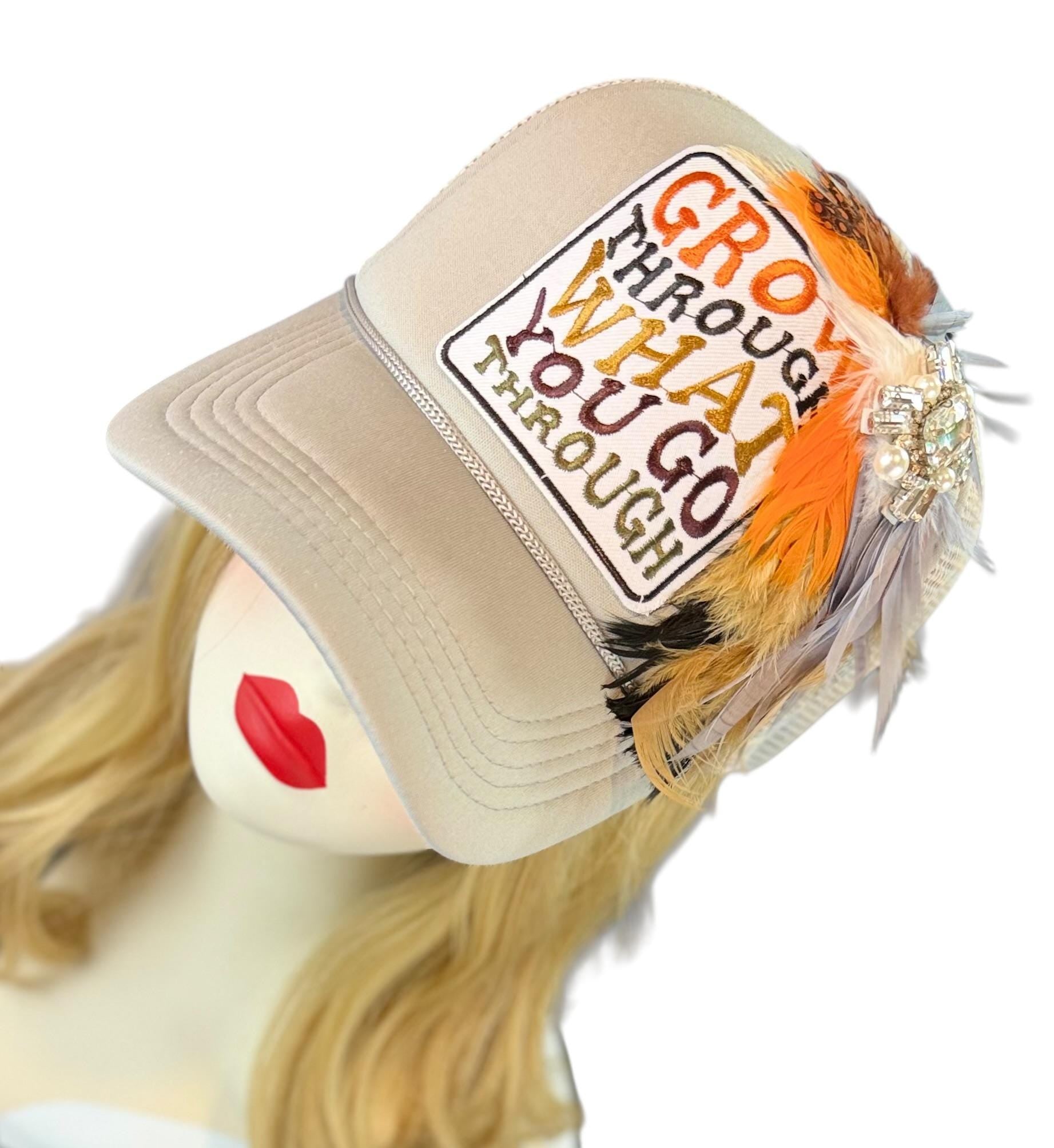 Inspirational Statement Message in Patchwork Embellished with Feathers & Jewels - Avant-Garde Fashionable Trucker Hat