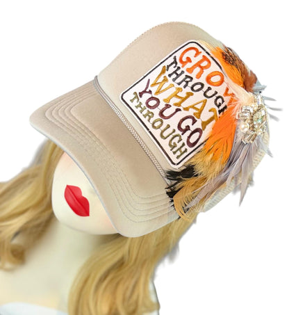 Inspirational Statement Message in Patchwork Embellished with Feathers & Jewels - Avant-Garde Fashionable Trucker Hat