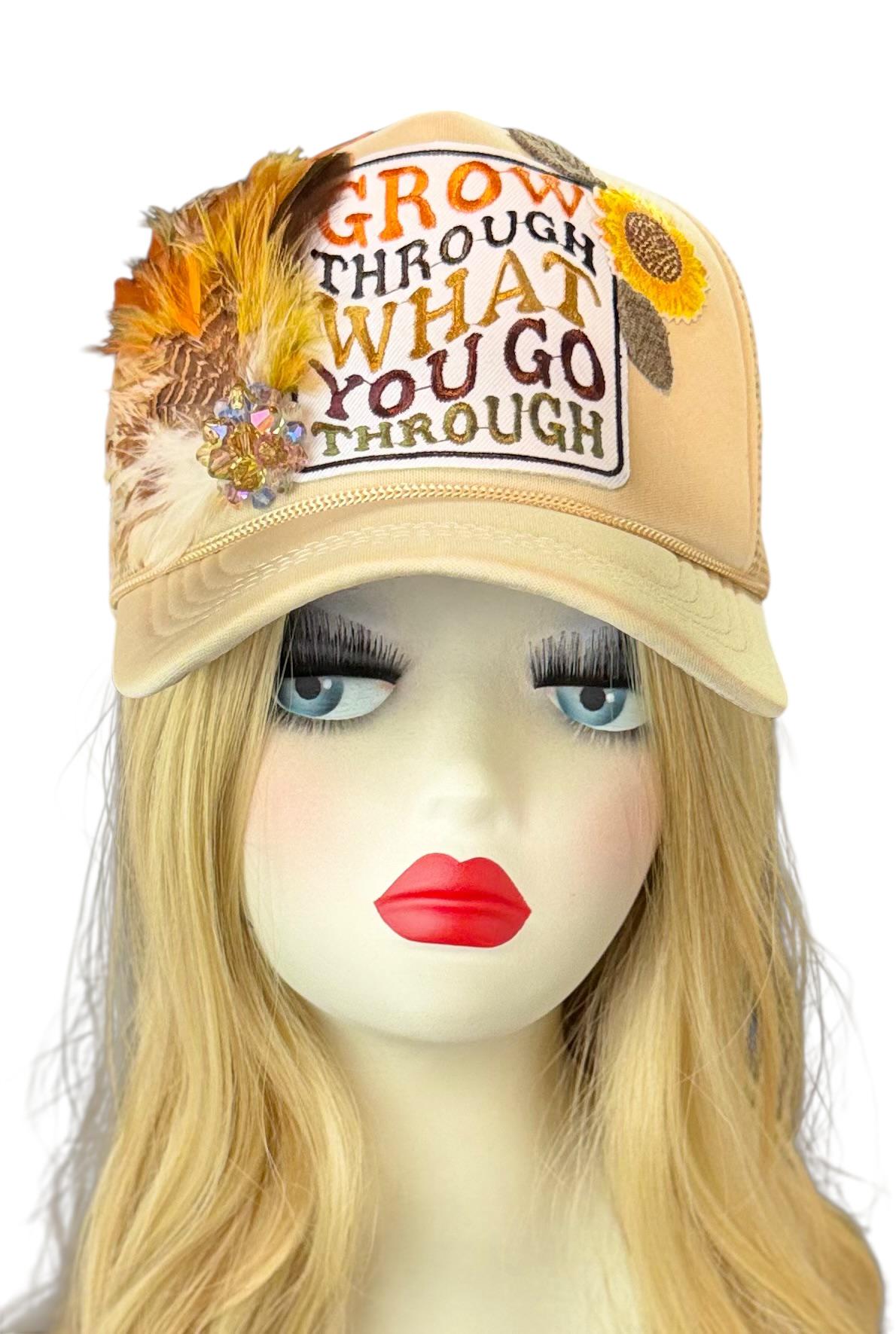 Inspirational Statement Message in Patchwork Embellished with Feathers & Jewels - Avant-Garde Fashionable Trucker Hat