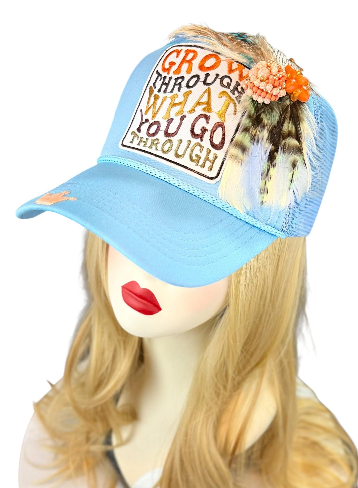 Inspirational Statement Message in Patchwork Embellished with Feathers & Jewels - Avant-Garde Fashionable Trucker Hat