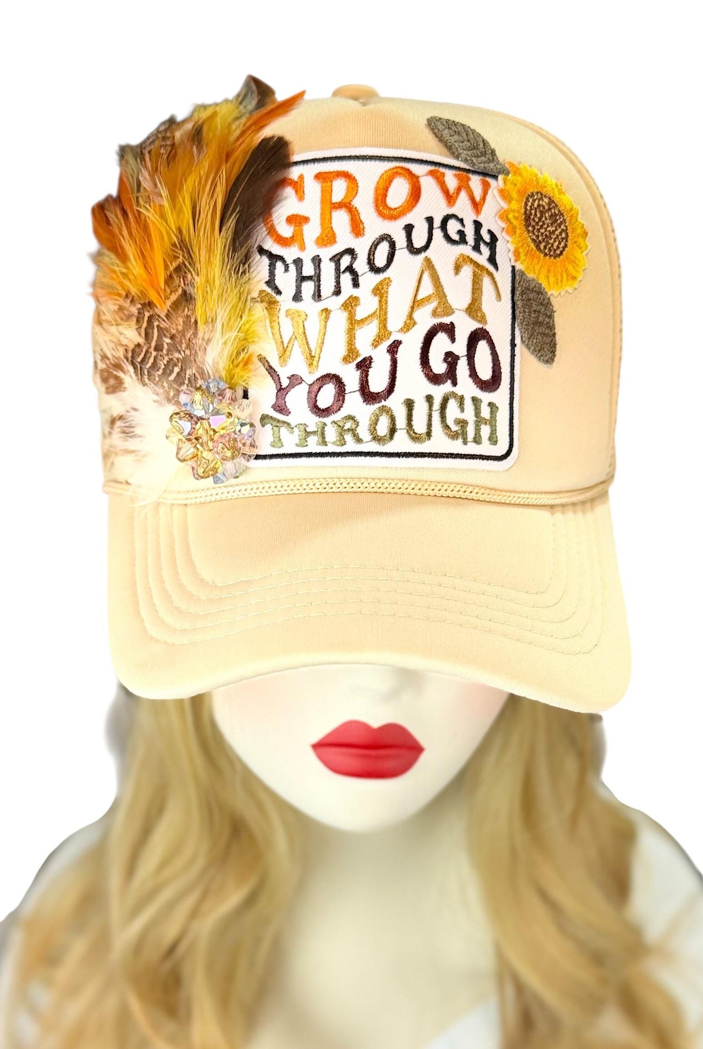 Inspirational Statement Message in Patchwork Embellished with Feathers & Jewels - Avant-Garde Fashionable Trucker Hat