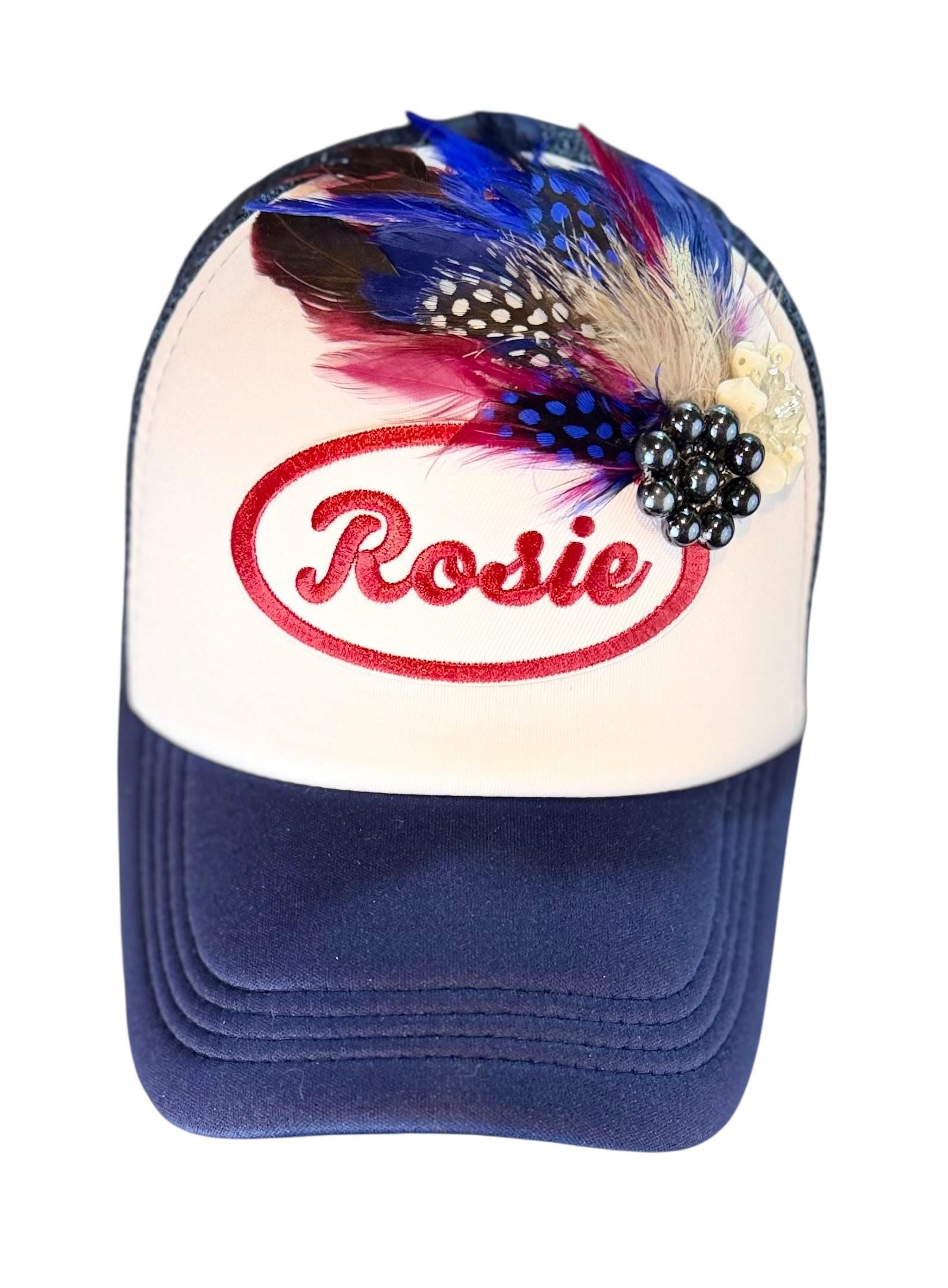 Rosie Strong American Made Feathered Style Statement Patchwork Vintage Jeweled Trucker Hat
