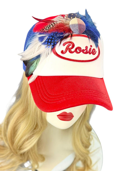 Rosie Strong American Made Feathered Style Statement Patchwork Vintage Jeweled Trucker Hat