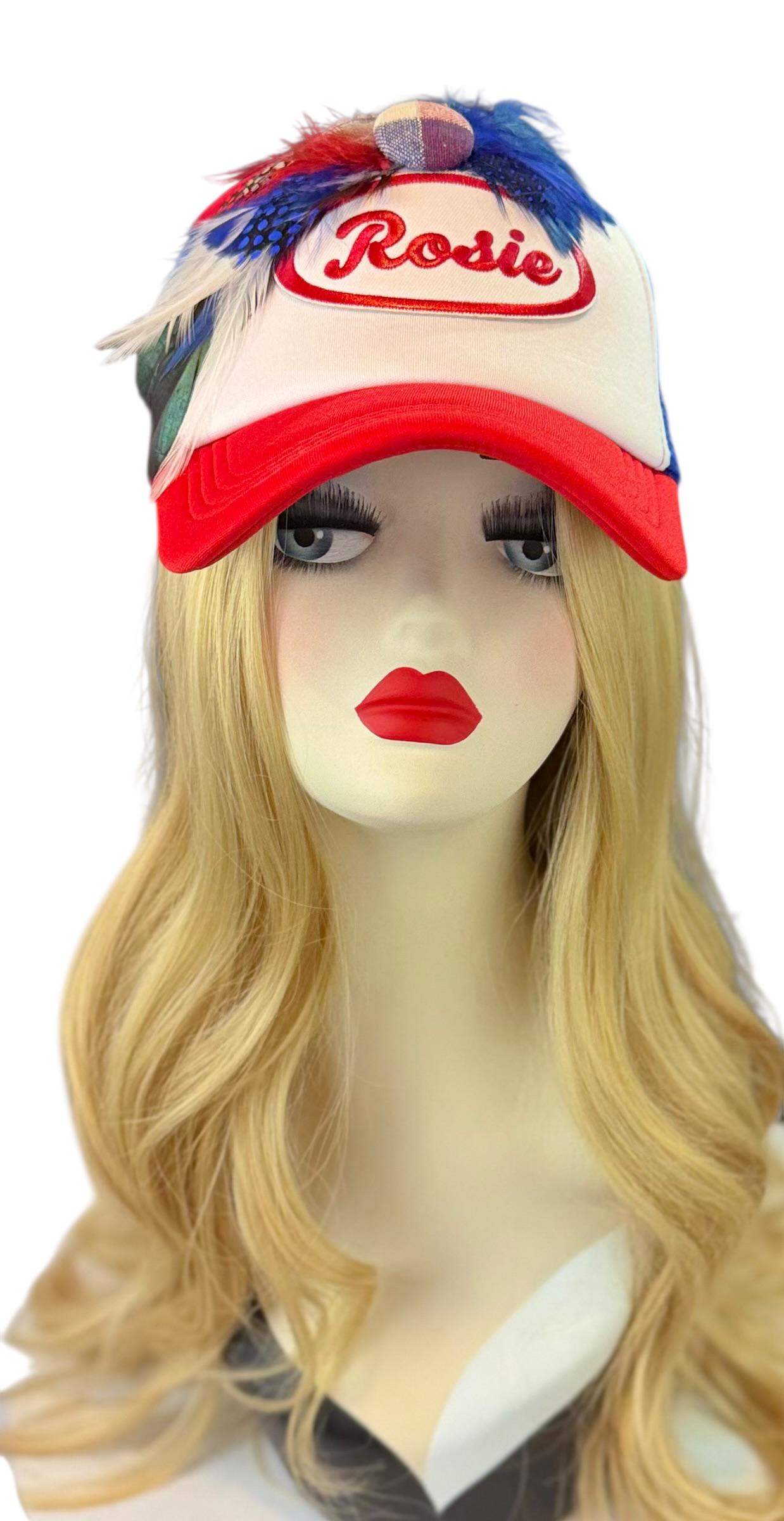 Rosie Strong American Made Feathered Style Statement Patchwork Vintage Jeweled Trucker Hat