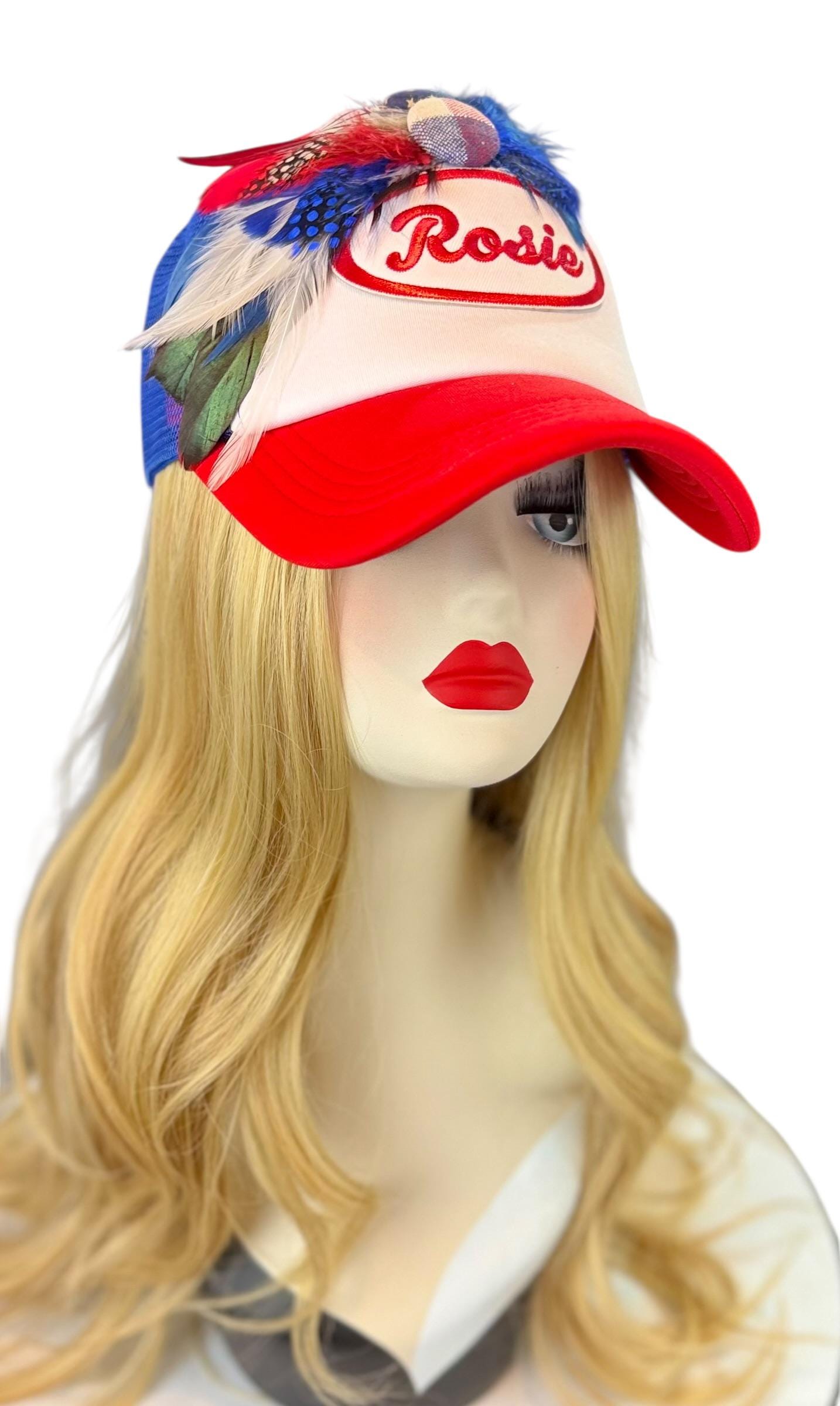 Rosie Strong American Made Feathered Style Statement Patchwork Vintage Jeweled Trucker Hat