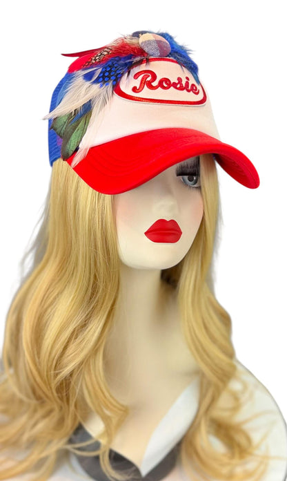 Rosie Strong American Made Feathered Style Statement Patchwork Vintage Jeweled Trucker Hat
