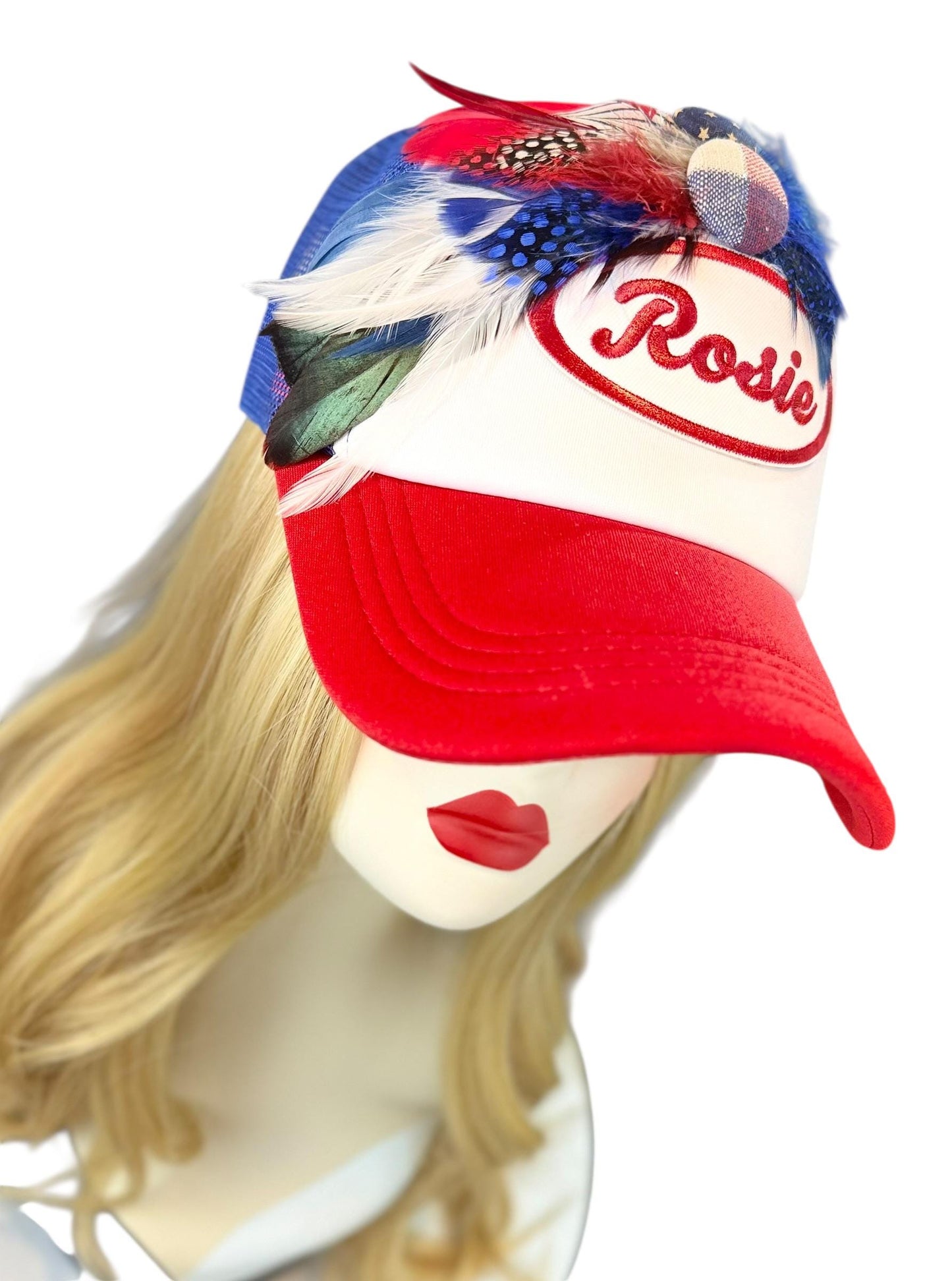 Rosie Strong American Made Feathered Style Statement Patchwork Vintage Jeweled Trucker Hat