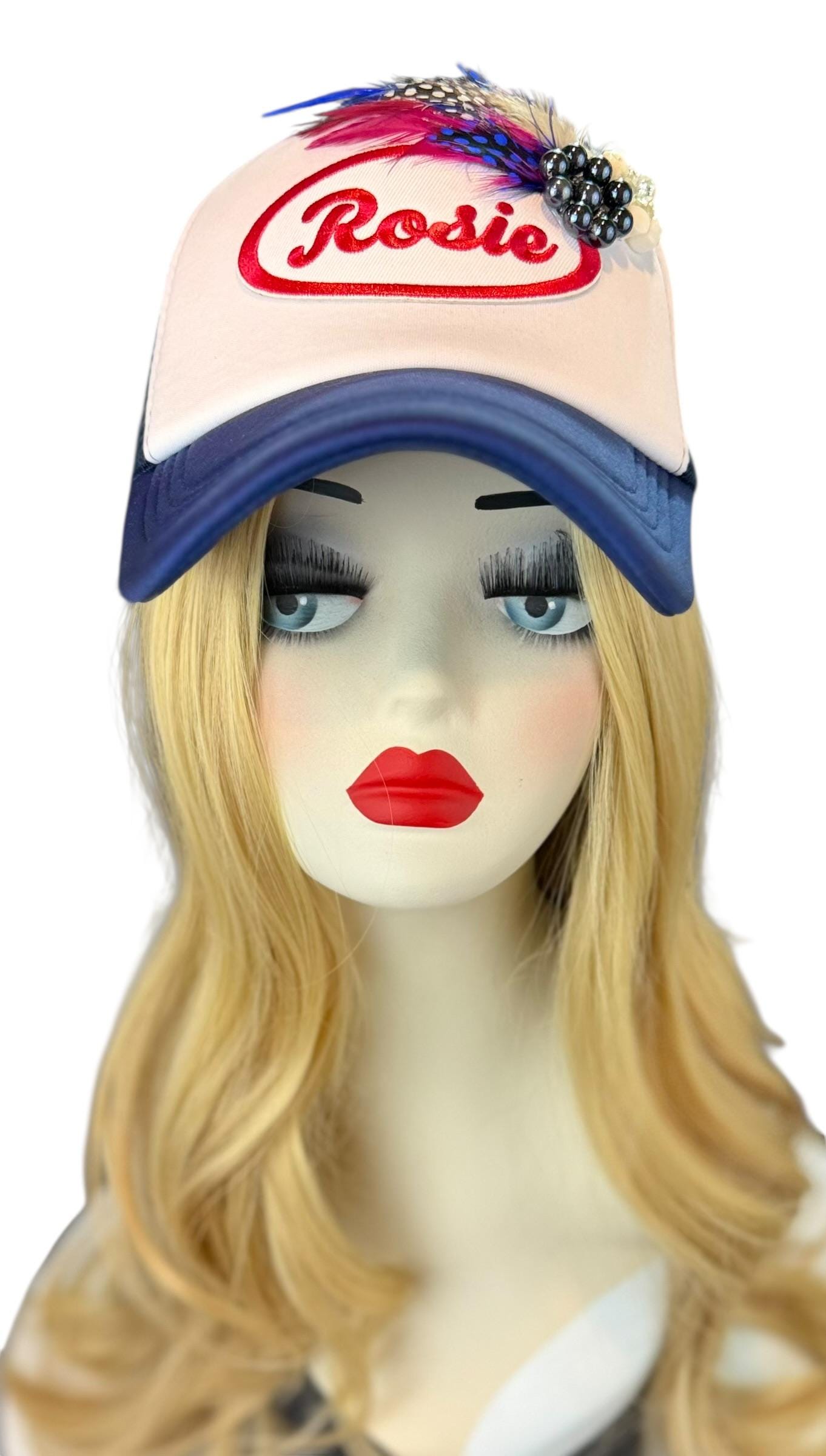 Rosie Strong American Made Feathered Style Statement Patchwork Vintage Jeweled Trucker Hat