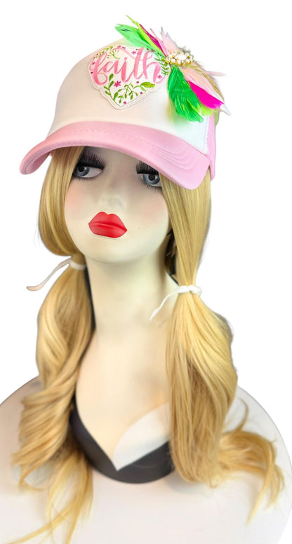 Love and “FAITH” Statement Patchwork Feathered & Jeweled Avant-Garde Fashionable Trucker Hat