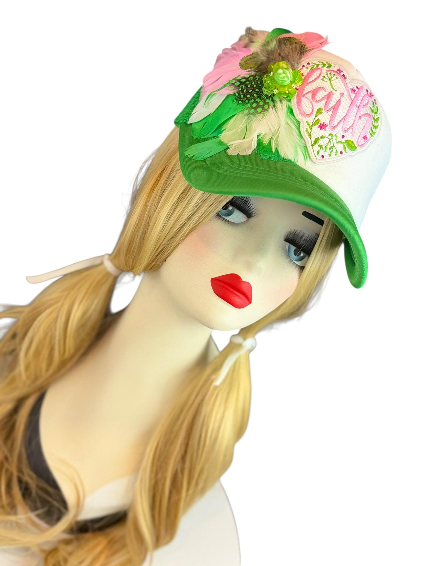 Love and “FAITH” Statement Patchwork Feathered & Jeweled Avant-Garde Fashionable Trucker Hat