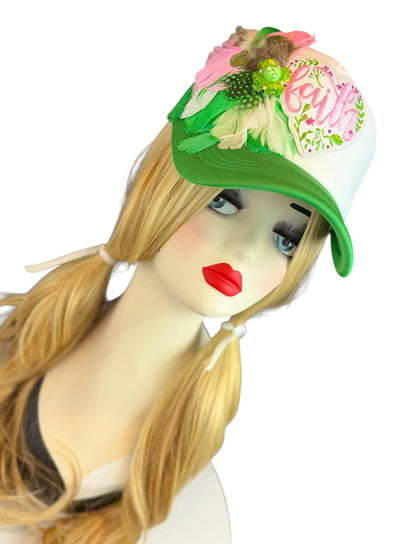 Love and “FAITH” Statement Patchwork Feathered & Jeweled Avant-Garde Fashionable Trucker Hat