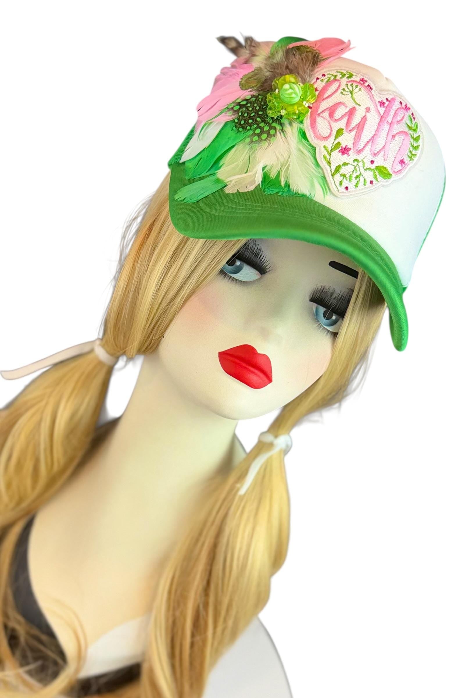 Love and “FAITH” Statement Patchwork Feathered & Jeweled Avant-Garde Fashionable Trucker Hat