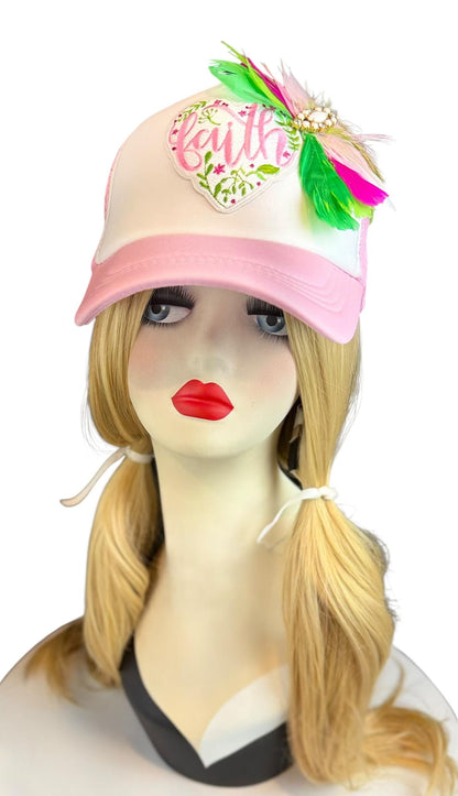 Love and “FAITH” Statement Patchwork Feathered & Jeweled Avant-Garde Fashionable Trucker Hat