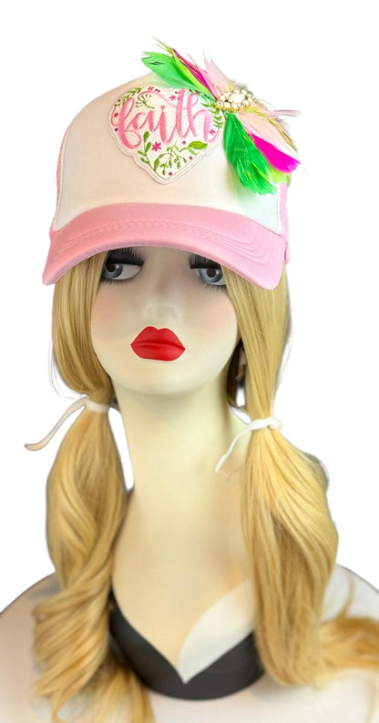 Love and “FAITH” Statement Patchwork Feathered & Jeweled Avant-Garde Fashionable Trucker Hat