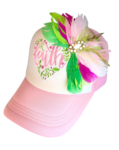 Love and “FAITH” Statement Patchwork Feathered & Jeweled Avant-Garde Fashionable Trucker Hat