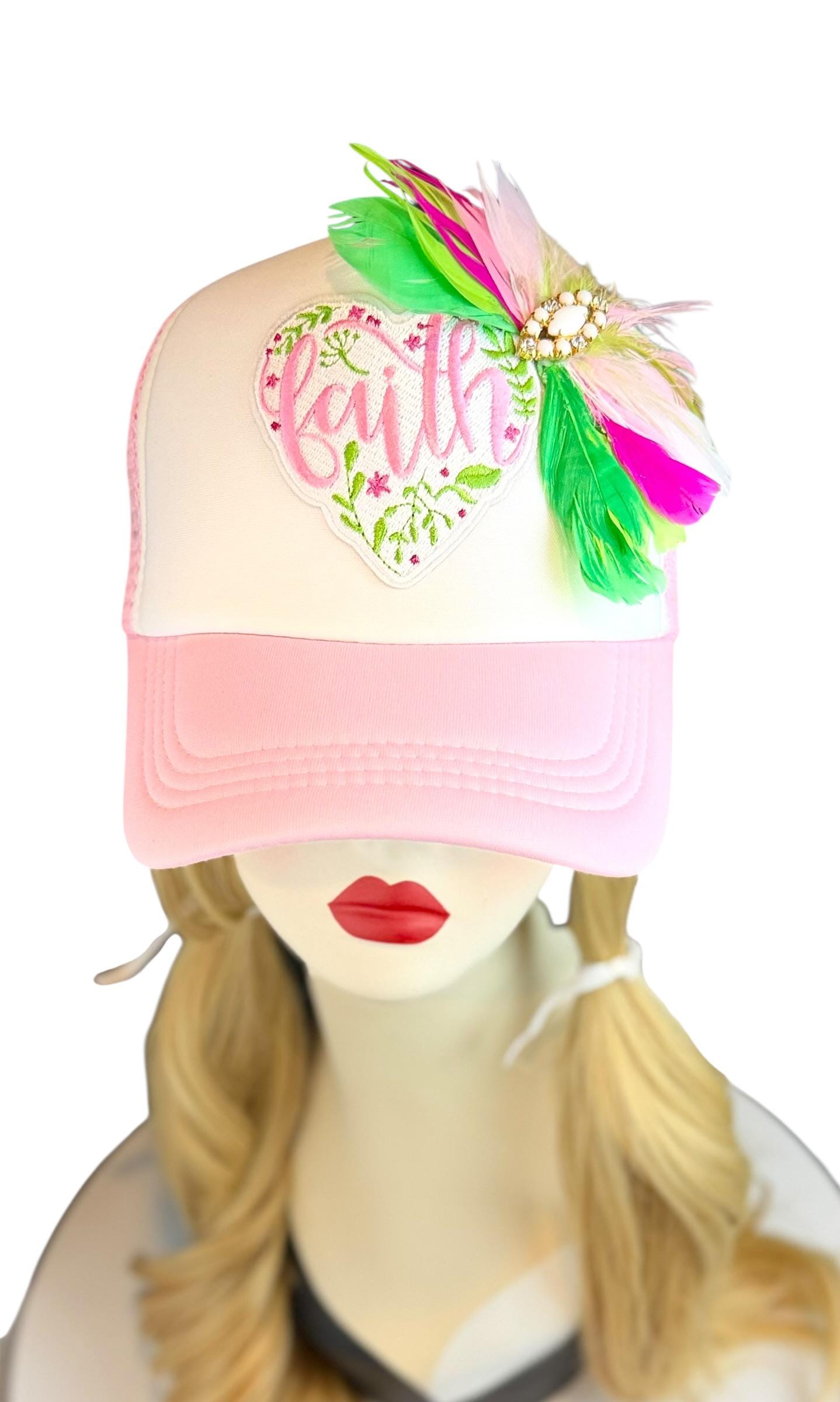 Love and “FAITH” Statement Patchwork Feathered & Jeweled Avant-Garde Fashionable Trucker Hat