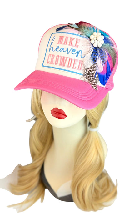 Make Heaven Crowded Statement Patchwork Feathered & Jeweled Avant-Garde Fashionable Trucker Hat