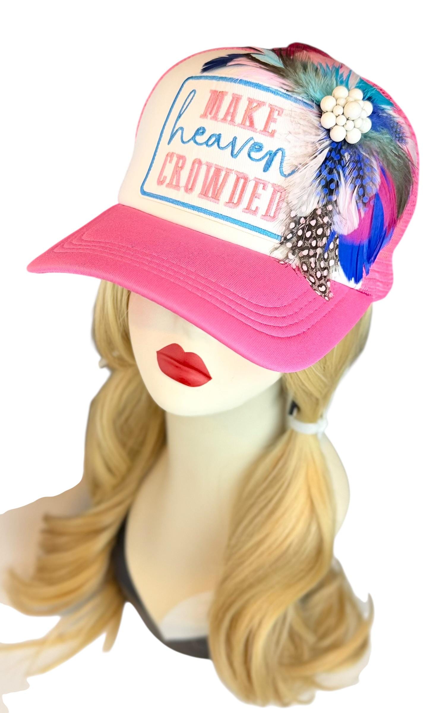 Make Heaven Crowded Statement Patchwork Feathered & Jeweled Avant-Garde Fashionable Trucker Hat