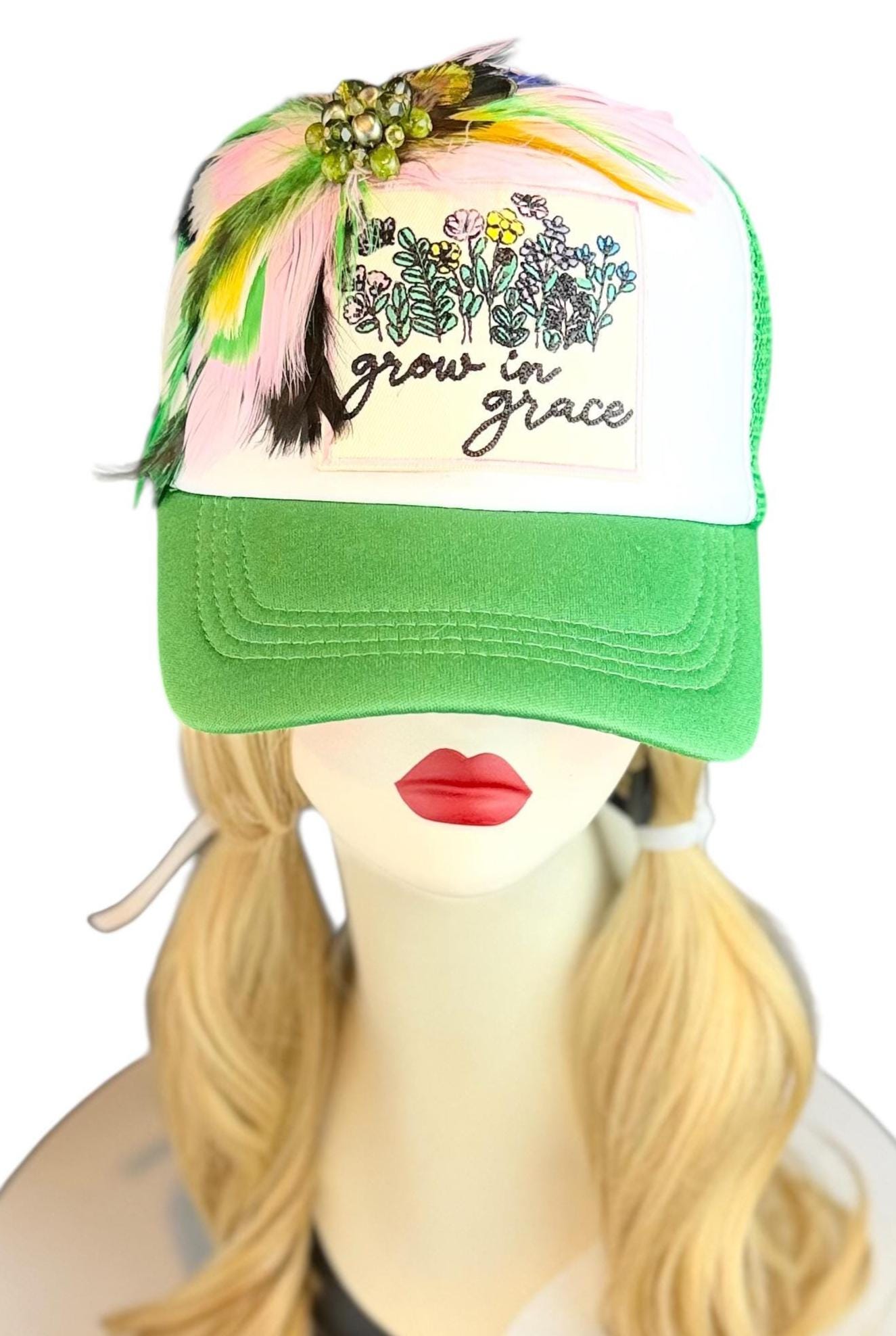 Grow In Grace Statement Patchwork Adorned Avant-Garde Fashionable Trucker Hat