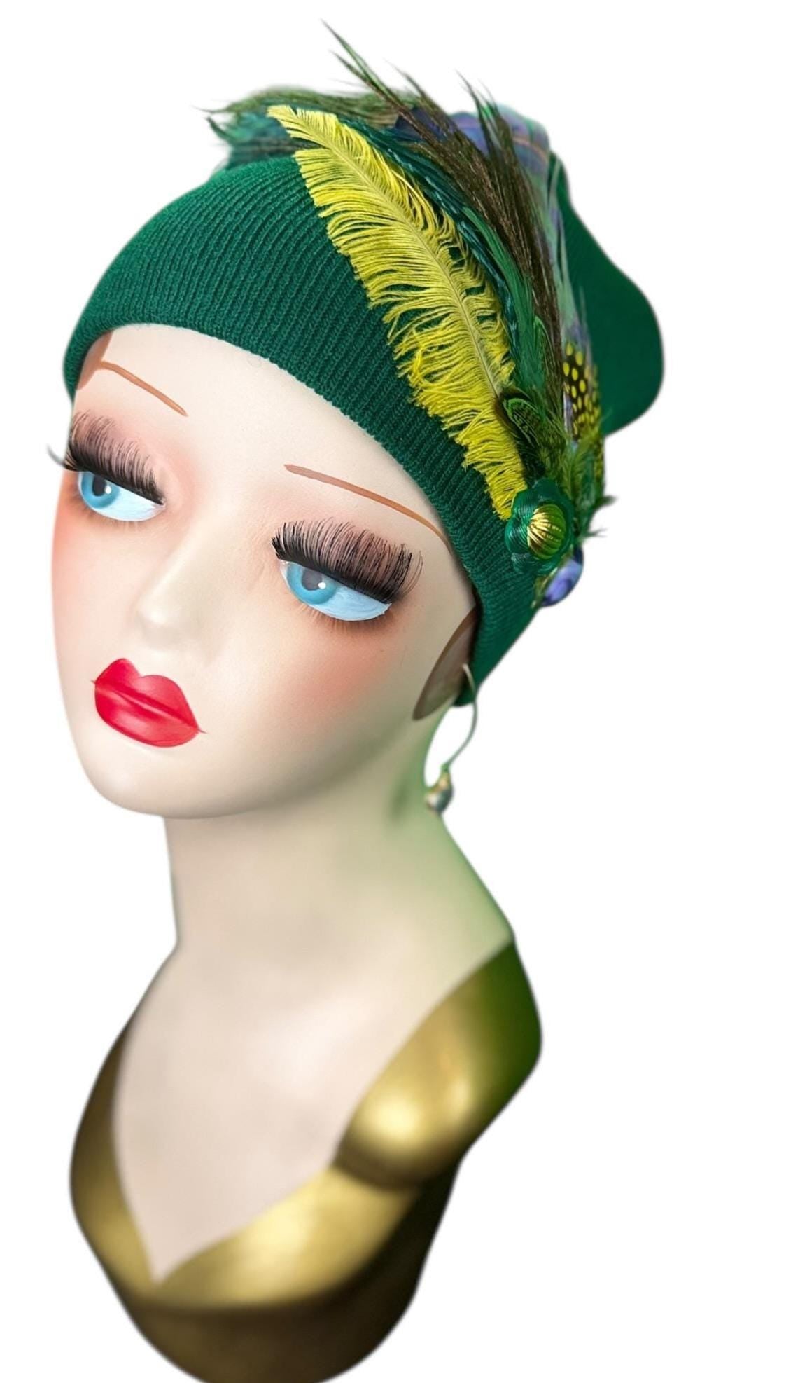 Fancy Flapper Style Vintage Jeweled Slouchy Knit Hat with Feather Accents