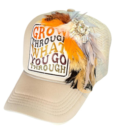 Inspirational Statement Message in Patchwork Embellished with Feathers & Jewels - Avant-Garde Fashionable Trucker Hat