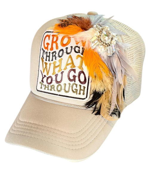 Inspirational Statement Message in Patchwork Embellished with Feathers & Jewels - Avant-Garde Fashionable Trucker Hat