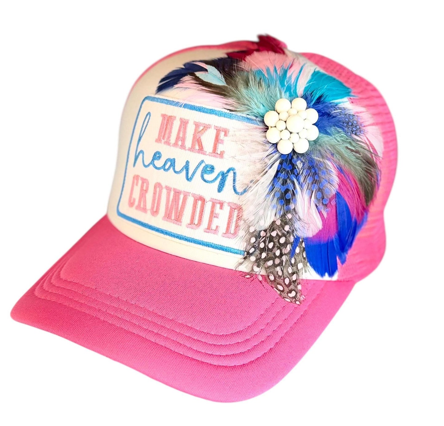 Make Heaven Crowded Statement Patchwork Feathered & Jeweled Avant-Garde Fashionable Trucker Hat