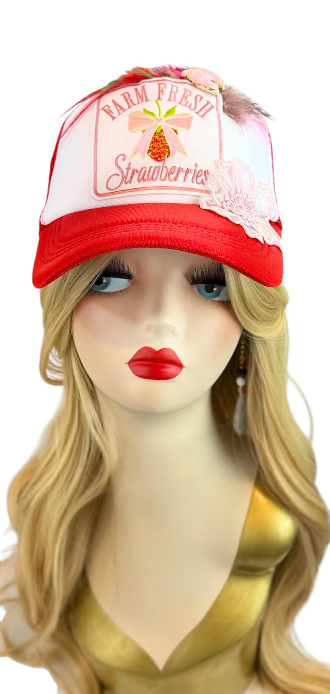 Farm Fresh Strawberries Statement Patchwork Adorned Avant-Garde Fashionable Trucker Hat