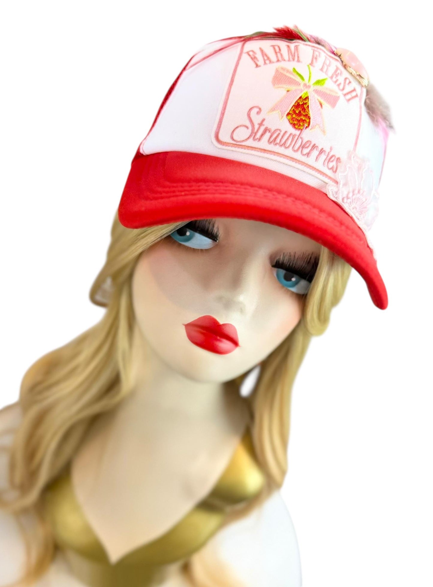 Farm Fresh Strawberries Statement Patchwork Adorned Avant-Garde Fashionable Trucker Hat