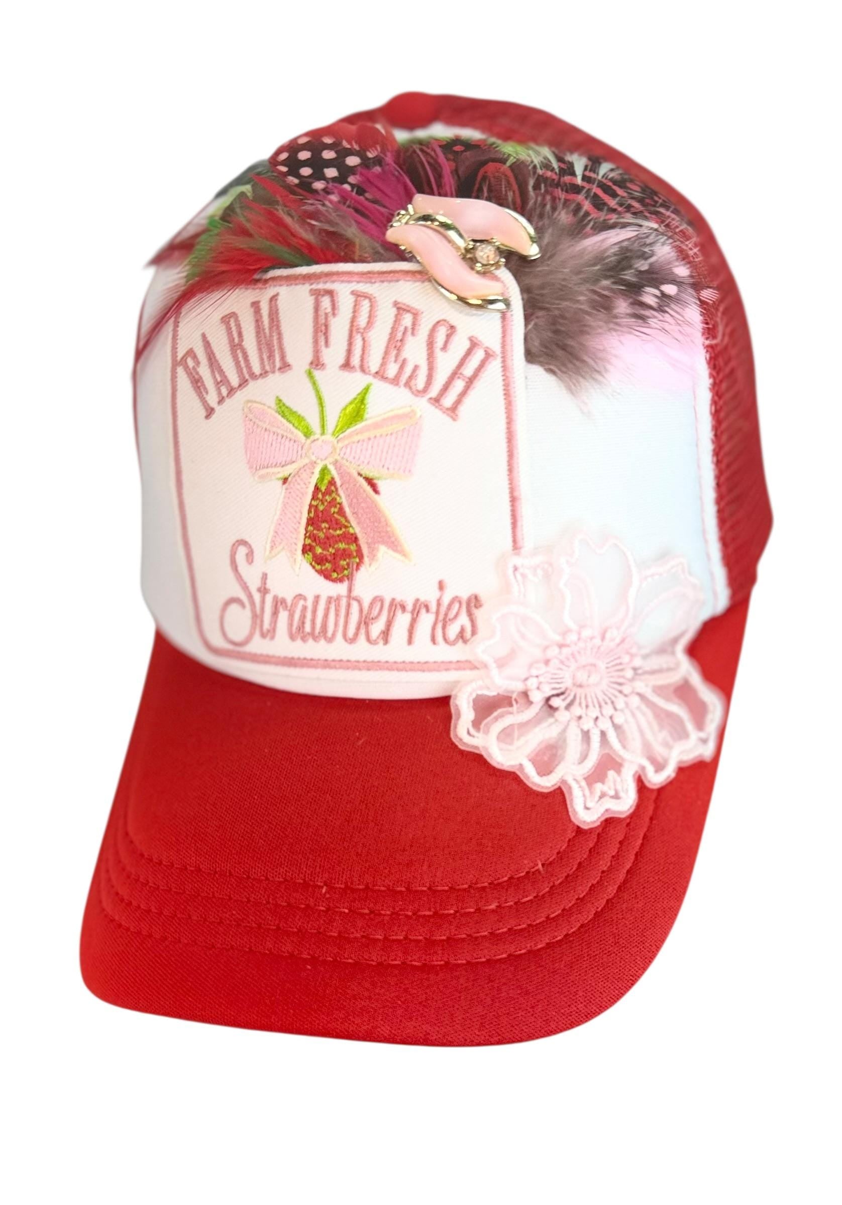 Farm Fresh Strawberries Statement Patchwork Adorned Avant-Garde Fashionable Trucker Hat