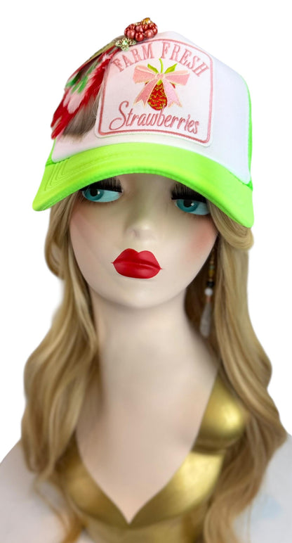 Farm Fresh Strawberries Statement Patchwork Adorned Avant-Garde Fashionable Trucker Hat