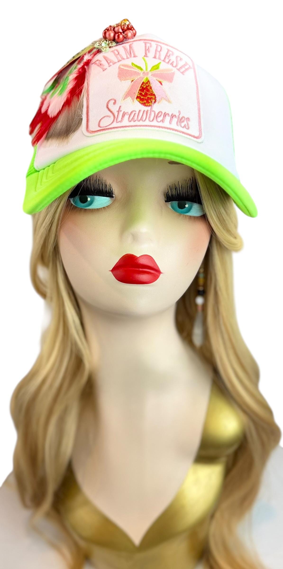 Farm Fresh Strawberries Statement Patchwork Adorned Avant-Garde Fashionable Trucker Hat