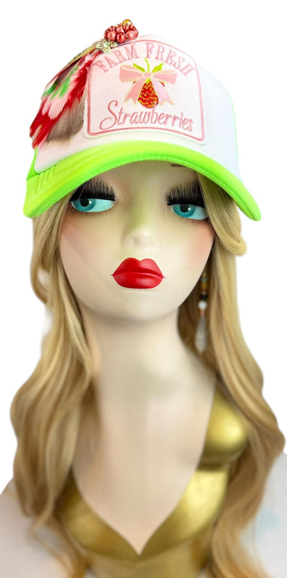 Farm Fresh Strawberries Statement Patchwork Adorned Avant-Garde Fashionable Trucker Hat