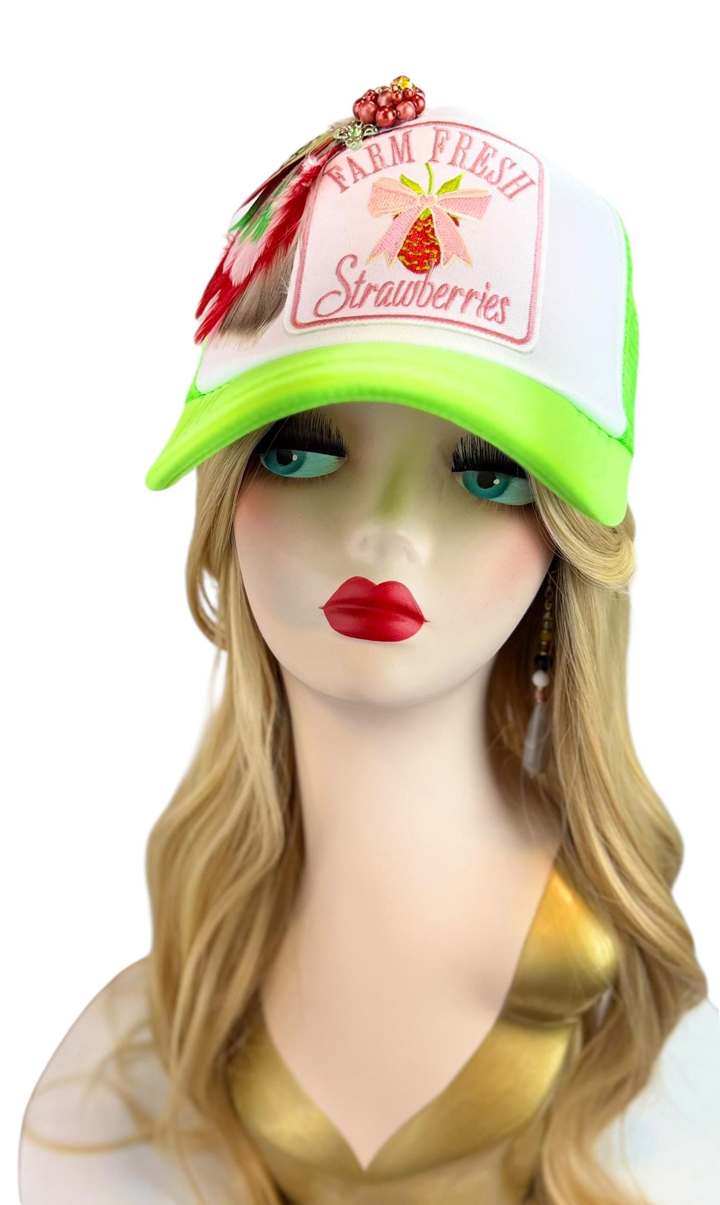 Farm Fresh Strawberries Statement Patchwork Adorned Avant-Garde Fashionable Trucker Hat