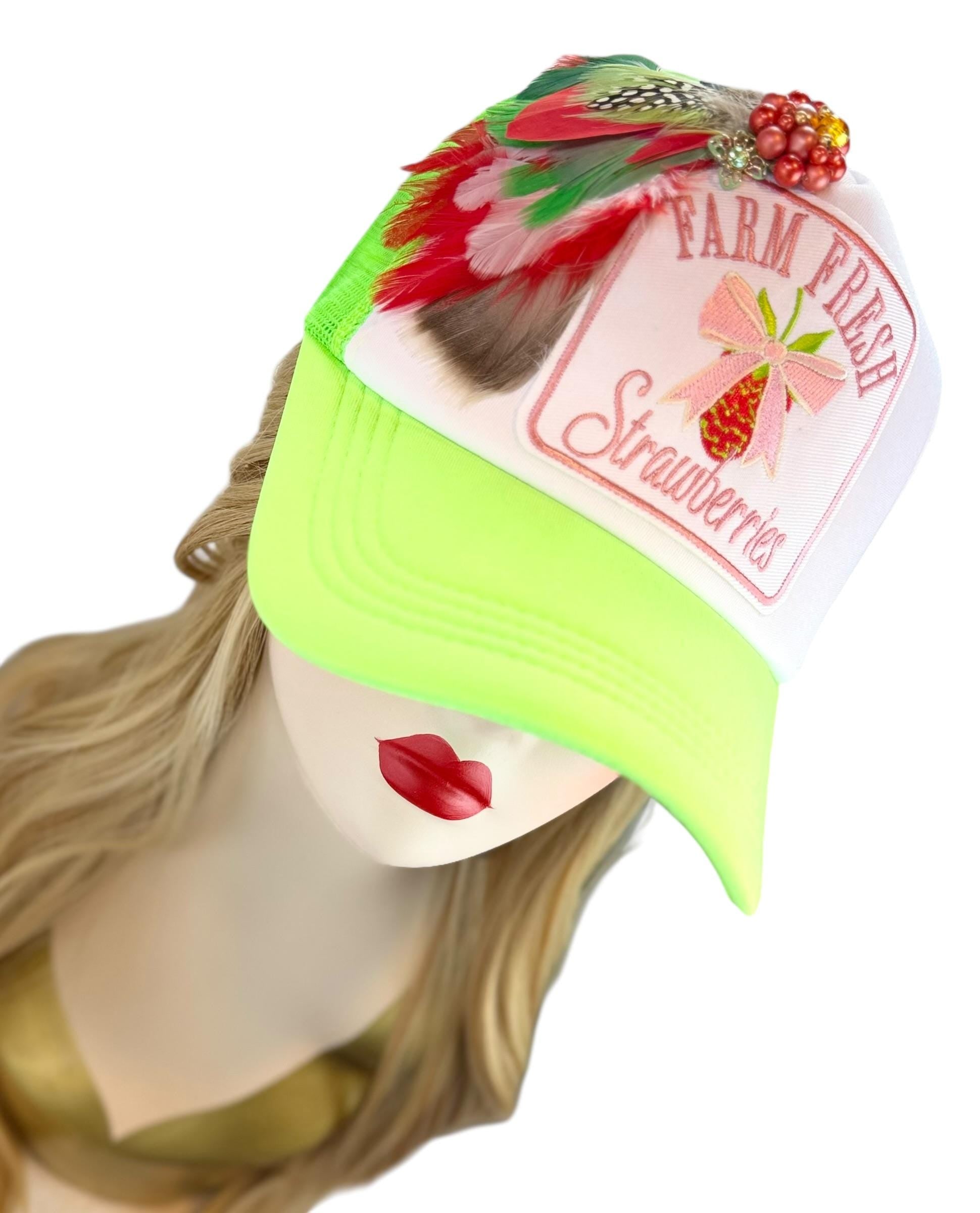 Farm Fresh Strawberries Statement Patchwork Adorned Avant-Garde Fashionable Trucker Hat
