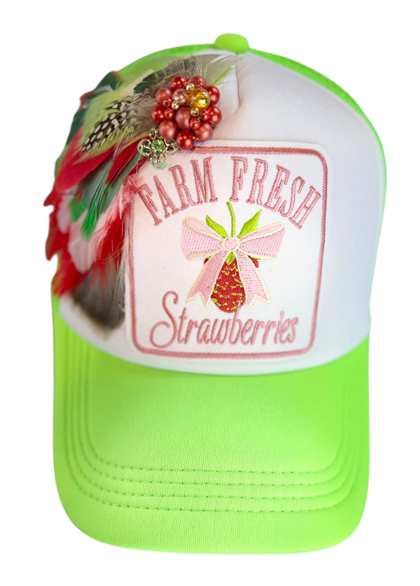 Farm Fresh Strawberries Statement Patchwork Adorned Avant-Garde Fashionable Trucker Hat