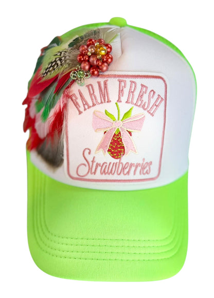 Farm Fresh Strawberries Statement Patchwork Adorned Avant-Garde Fashionable Trucker Hat