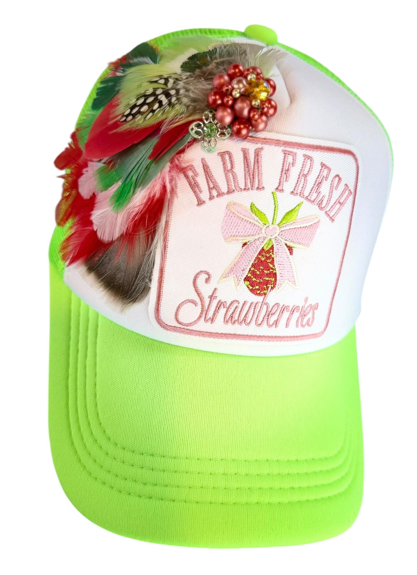 Farm Fresh Strawberries Statement Patchwork Adorned Avant-Garde Fashionable Trucker Hat