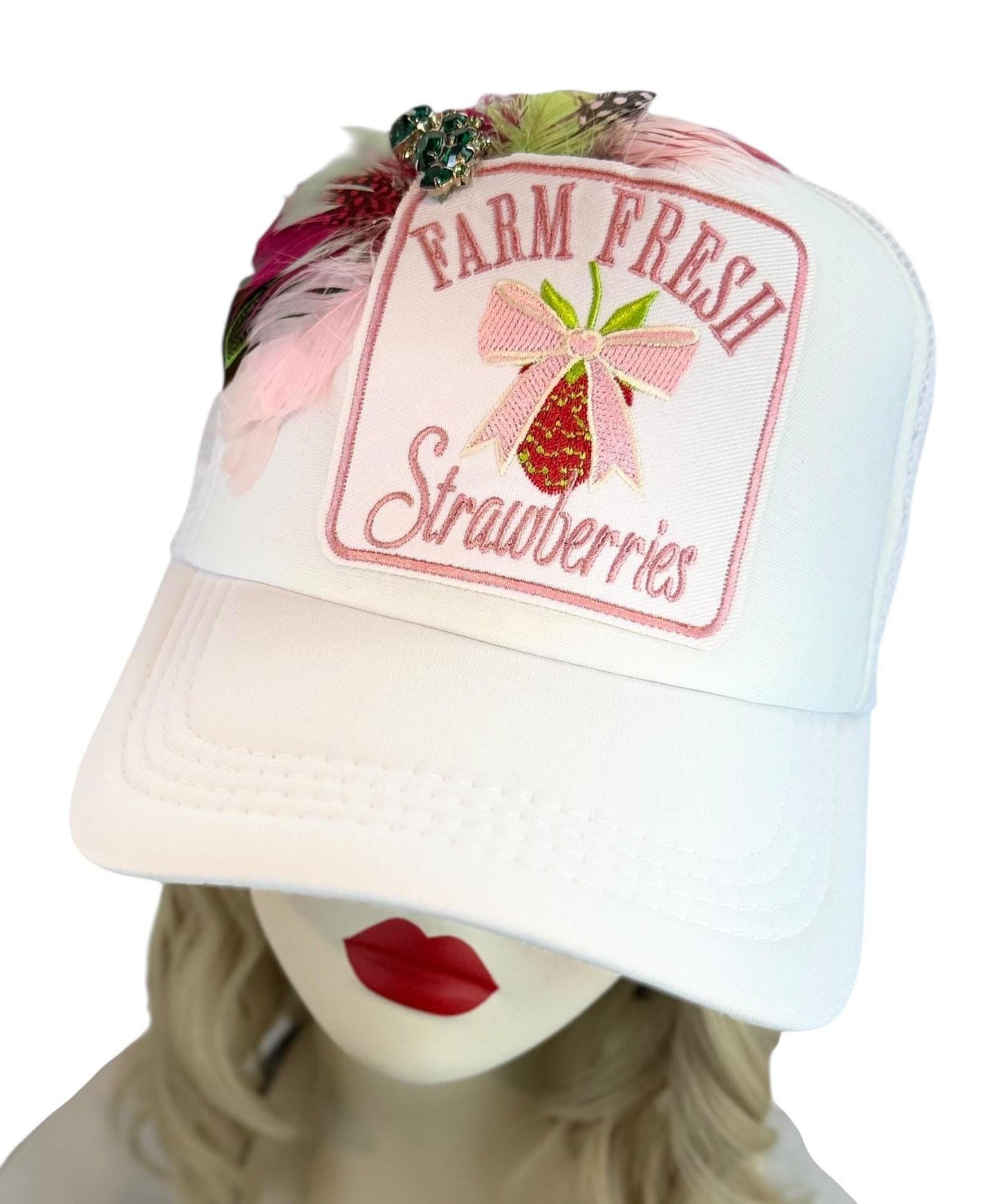 Farm Fresh Strawberries Statement Patchwork Adorned Avant-Garde Fashionable Trucker Hat