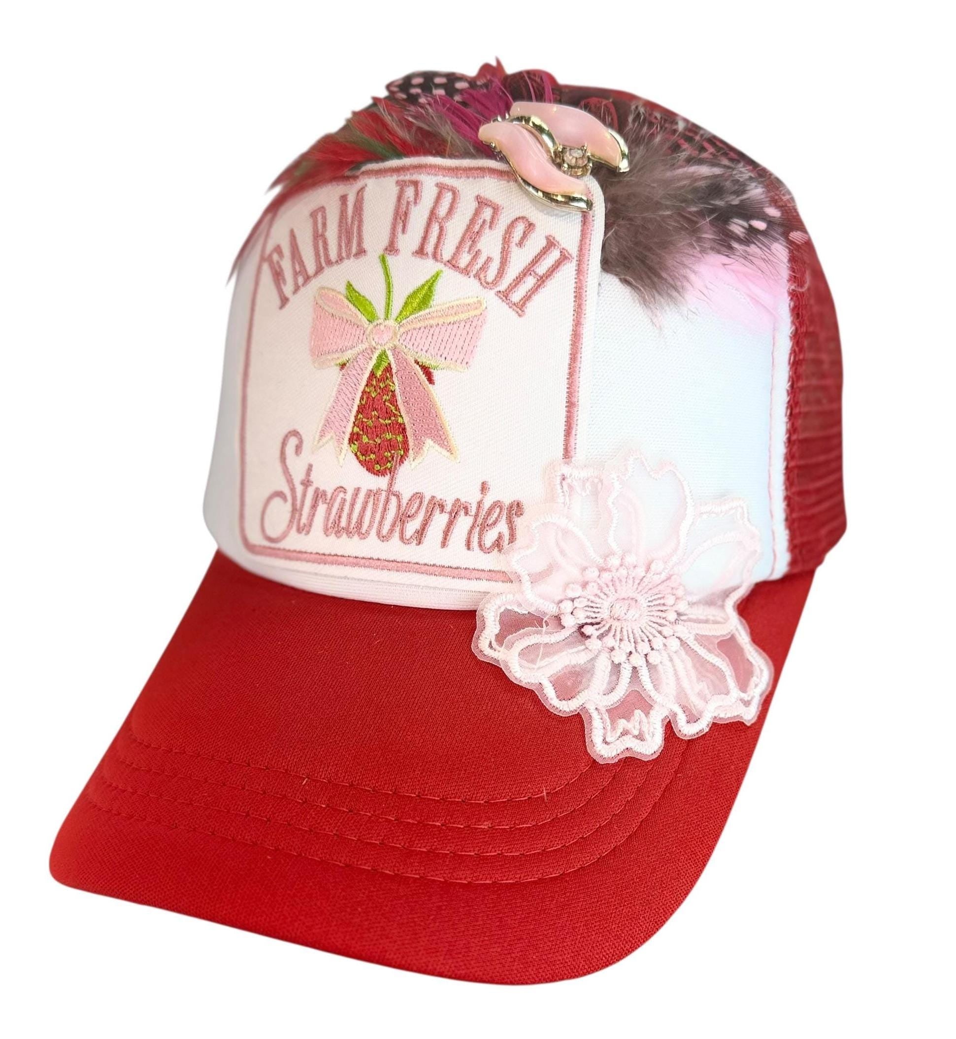 Farm Fresh Strawberries Statement Patchwork Adorned Avant-Garde Fashionable Trucker Hat