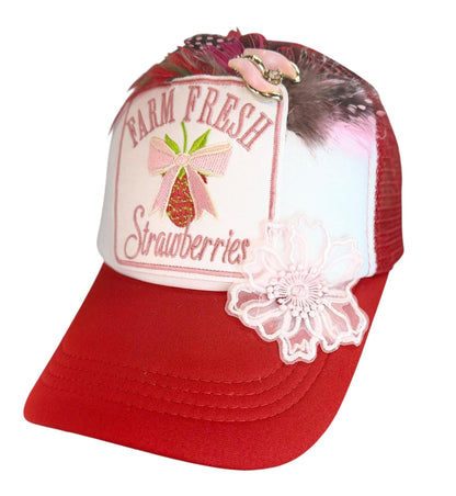 Farm Fresh Strawberries Statement Patchwork Adorned Avant-Garde Fashionable Trucker Hat