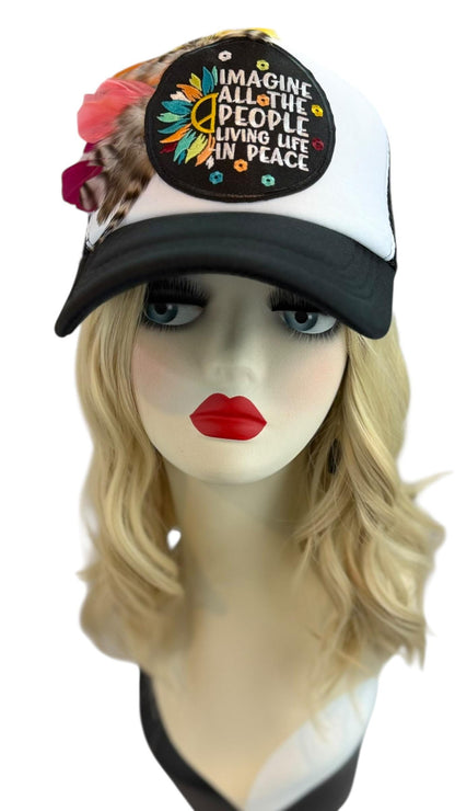 Peaceful Dreams Statement Patchwork and Feather Adorned Avant-Garde Fashionable Trucker & Beanie Hat